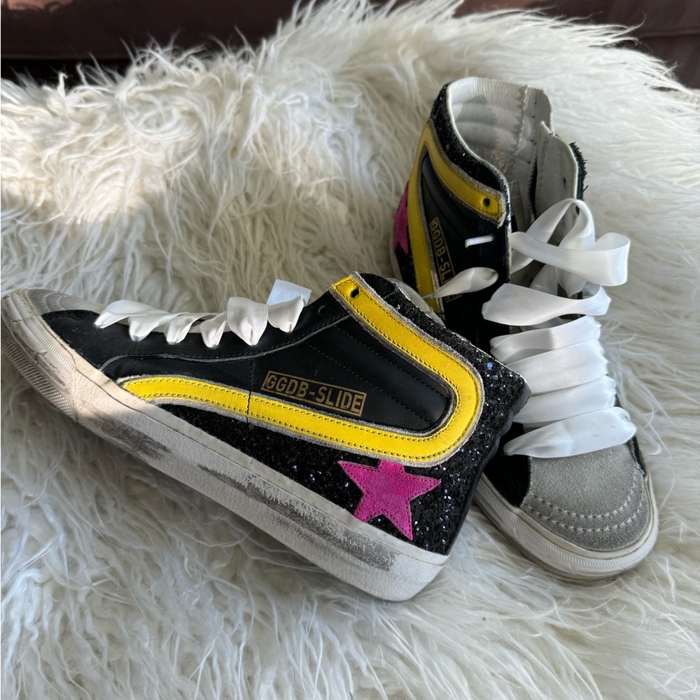 Golden Goose Slide sneakers, size 36. Leather and glitter!